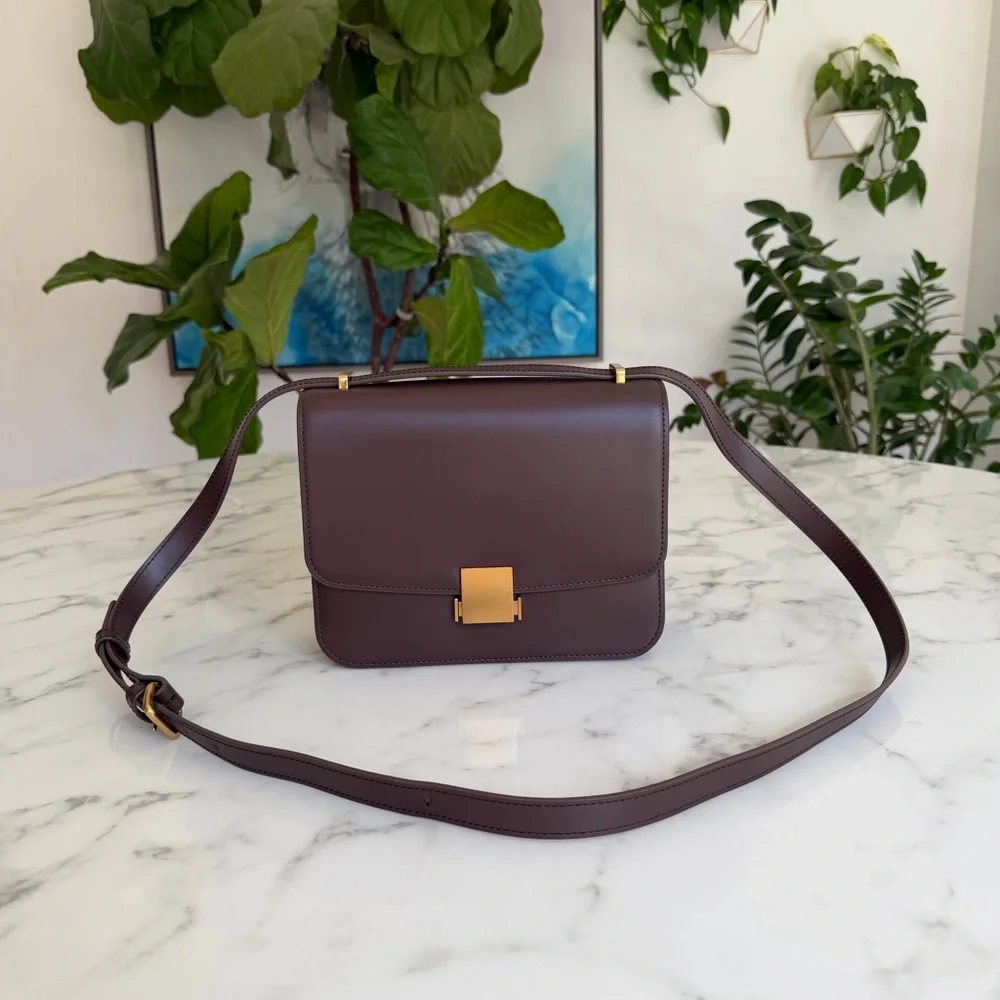 Quince Italian Leather Box Shoulder Bag Crossbody Dark Brown - Picture 11 of 16